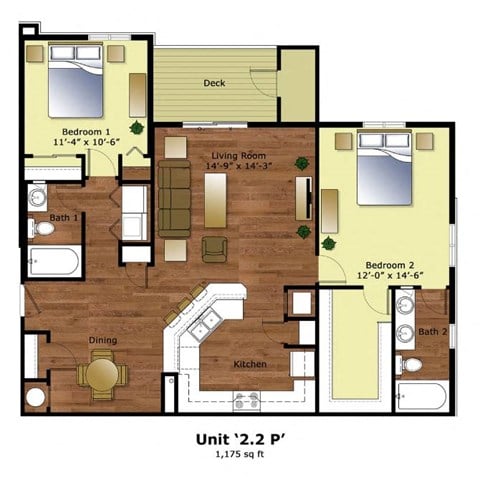 Floor plan for 2 beds, 2 baths, 1175 sqft